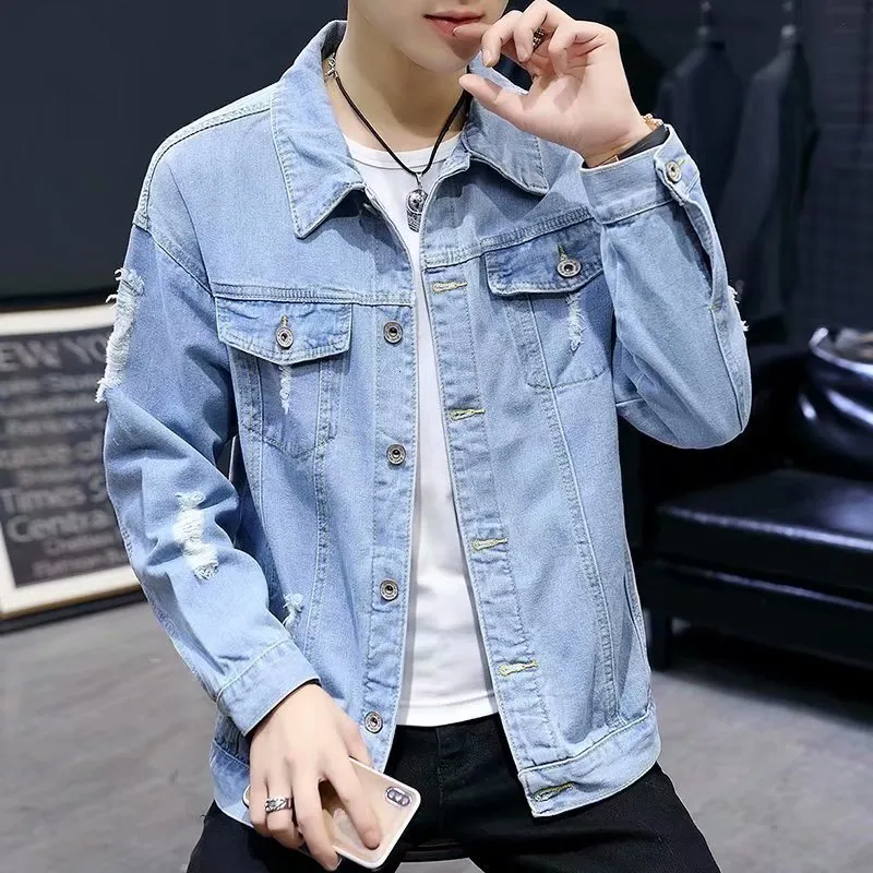 Mens Ripped Denim Jacket: Vintage Western Style Trucker Coat