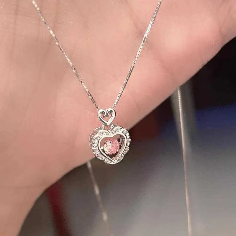 Pendant Necklaces Y2K Accessories Korean Fashion Hollow Pink Crystal Heart Pendant Necklace Silver Color Chain for Women Wedding Aesthetic Jewelry Z0417