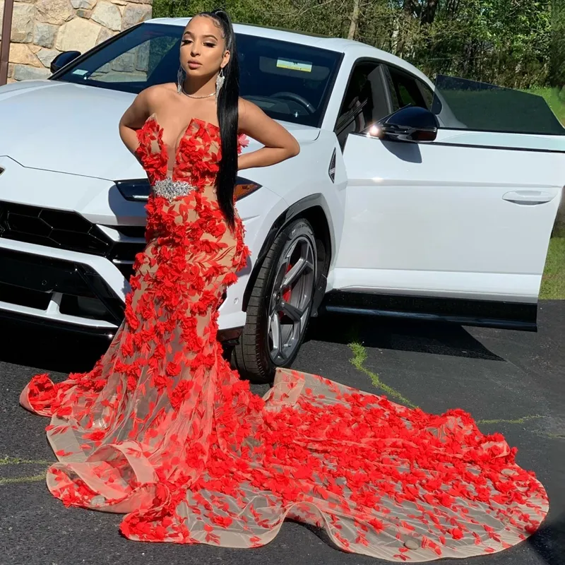 Red Hand Made Flowers Prom Dresses Sweep Train Tulle Mermaid Unique Plus Size Arabic Evening Gowns Nigerian Lace Styles Dress Graducation Gown