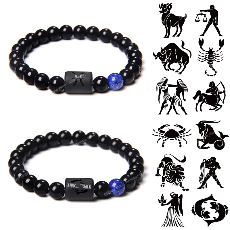 12 Constellation Zodiac Signs Beads Couples Bracelet Natural Black Onyx Stone Elastic Charm Bracelet for Women Men Birthday Gift Fashion JewelryBracelets