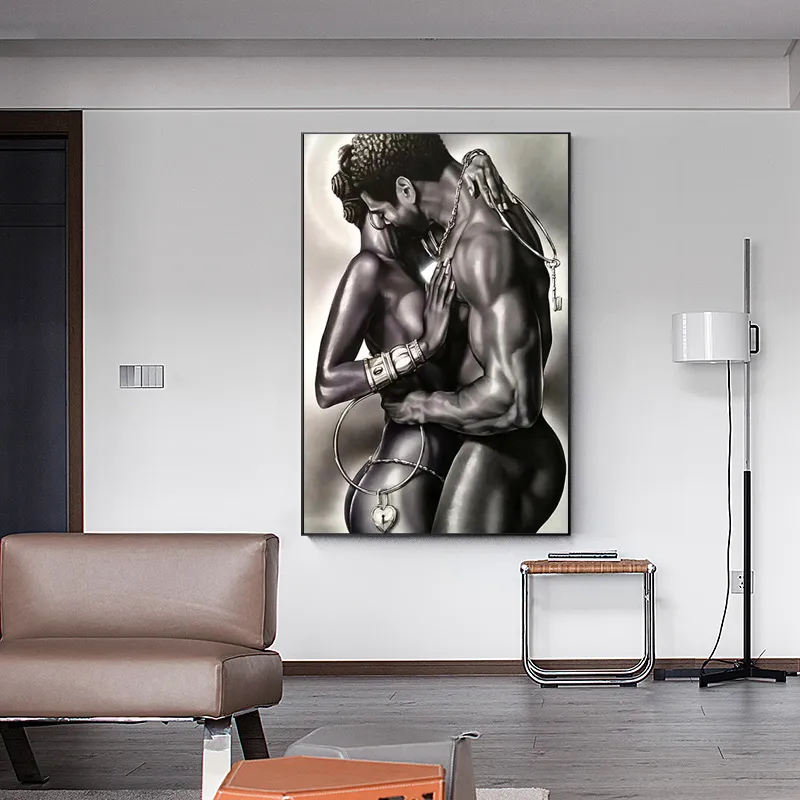 벌거 벗은 흑인 커플 유화 완벽한 애호가 캔버스 포스터와 인증 거실 장식을위한 cuadros 벽 사진 프레임리스