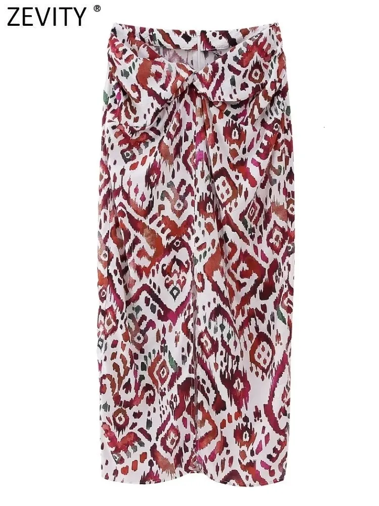 Etek Zevity kadınlar vintage düğümlü tasarım totem çiçek baskı sarong midi etek faldas mujer kadın şık fermuar ince vestidos qun3965 230417