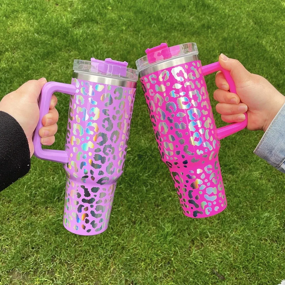 40 oz Iridescent Leopard Print Tumbler with Handle in Hot Pink