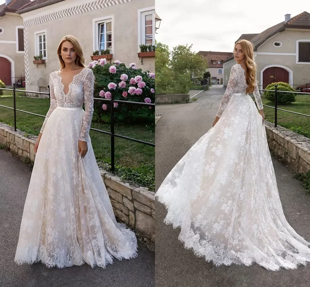 Robe De mariée Boho en dentelle, manches longues, col en V, ligne A, Champagne, taille personnalisée, 2023