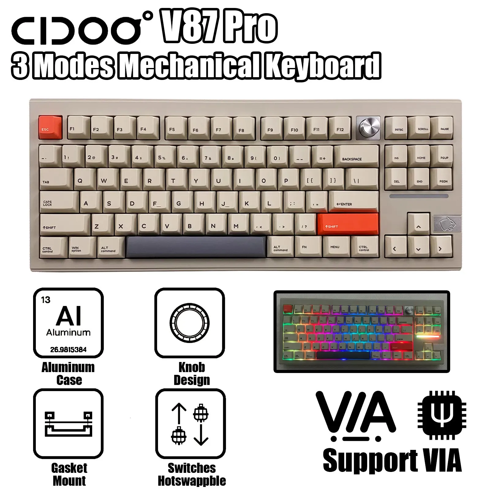 Toetsenborden CIDOO V87 PRO Pakking Mechanisch toetsenbord RGB-verwisselbaar 87 toetsen Bluetooth 2,4 Ghz USB C Draadloos Aluminium CNC VIA 231117