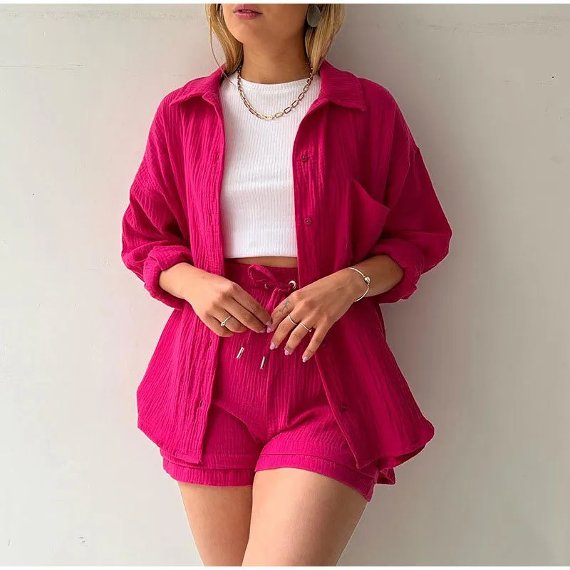 Women's Tracksuits Cotton Lapel Long Sleeve Shirt 2 Piece Set Women Single Breated Blouse Suits Spring Ladies High Waist Drawstring Shorts 230417