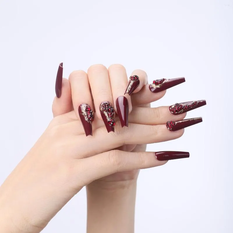 Golden Red Rhinestone Burgundy Coffin False Nails Sainsburys With