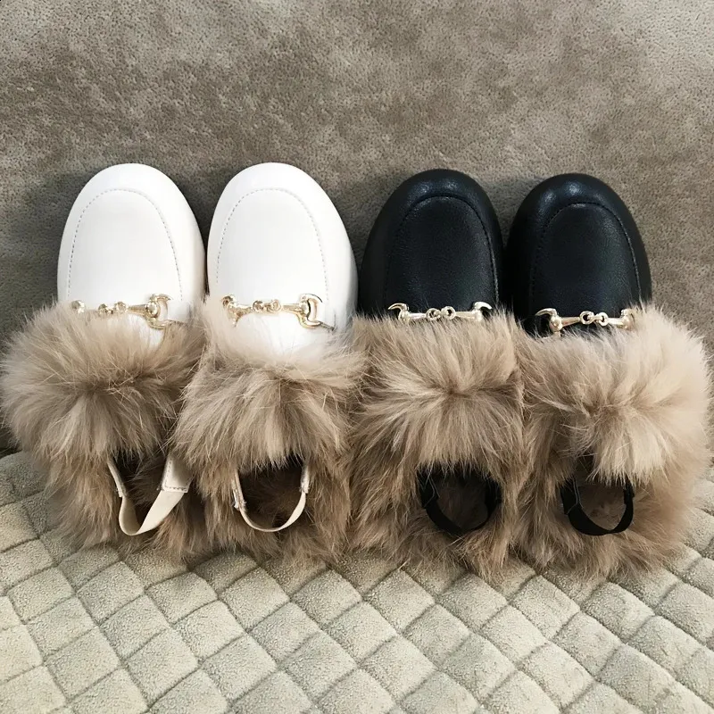 Slipper Winter Kids Fur Princess Shoes Baby Girls Brand Läder Slides Children Slip On Tisters Toddler Fashion Dress Flats Flats Boys Shoes 231116