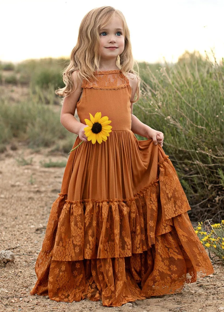 Girl's Dresses Princess Girls Lace Cotton Long Dresses Baby Kids Flower Girl Wedding Birthday Party Vestidos Children Clothing For 3-15 Years 230417