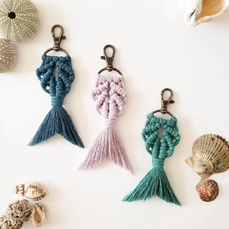 Porte-clés dame INS macramé queue de poisson porte-clés pour femmes Boho coton tissé frangé sac suspendu bijoux goutte cadeaux