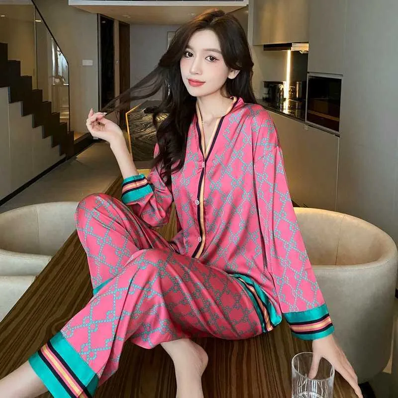 Women's Sleep Lounge V Neck Letter Cross Printed Flower Satin Pajamas Sets  Japan Best Selling Girls Sleepwear Casual Women Home Clothes Sexy P230408