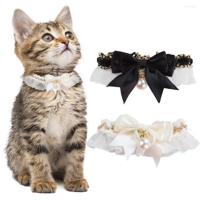 Dog Collars Pet Bow Tie Lobster Clasp Design Jewelry Imitation Pearl Pendant Lace Collar Decoration