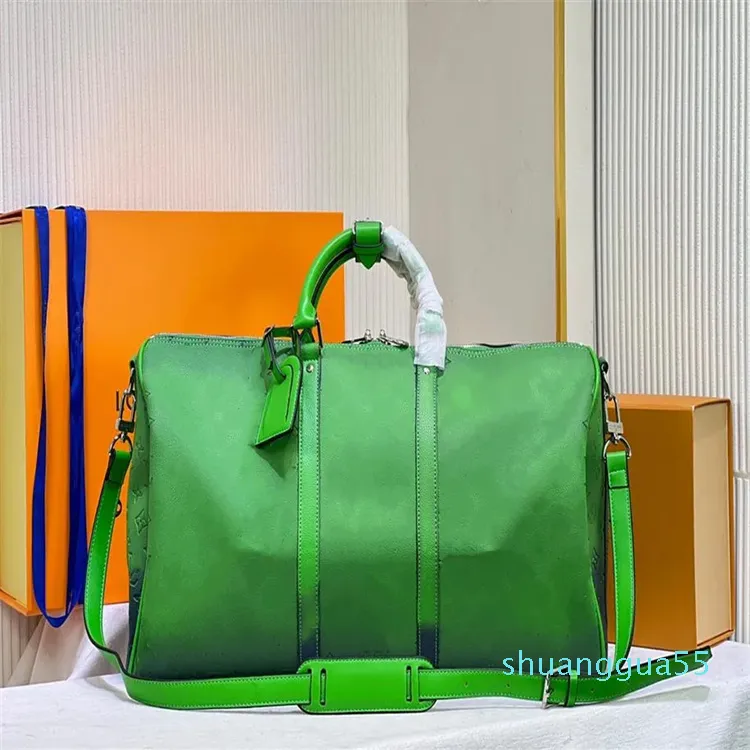 رجال 50 سم سفر كبير من الجلد الأصلي حقيبة أمتعة حقيبة أمتعة الرجال أحاديون حقيبة يد أخضر حقيبة الكتف