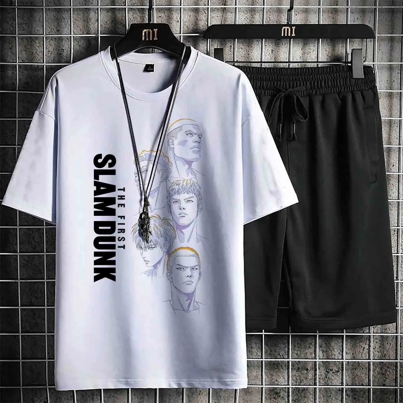 Men S Tracksuits Slam Dunk Cotton Printed Sportswear Sports Suit T Shirt Shorts 2 Piece Japanese Anime Character Workout 230417