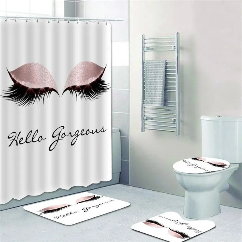 Trendy Rose Gold Ciglia Tenda da doccia Set Tenda da bagno con tappetino da bagno Tappeto Tappeto per WC Glitter Hello Gorgeous Decor 2011271c