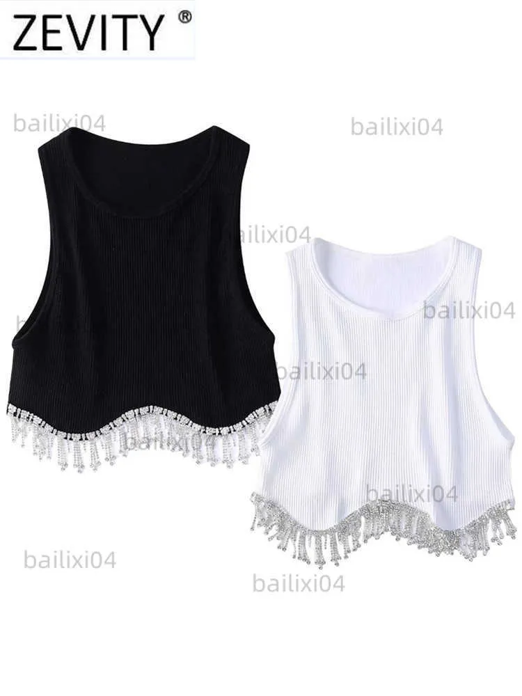 Zbiorniki damskie Camis Zevity Women Street Sexy Hem Tassel Diamond Frezowanie Krzyki T Shirt Chic Short Camis Tank Lady Slim Crope Tops LS1311 T230417