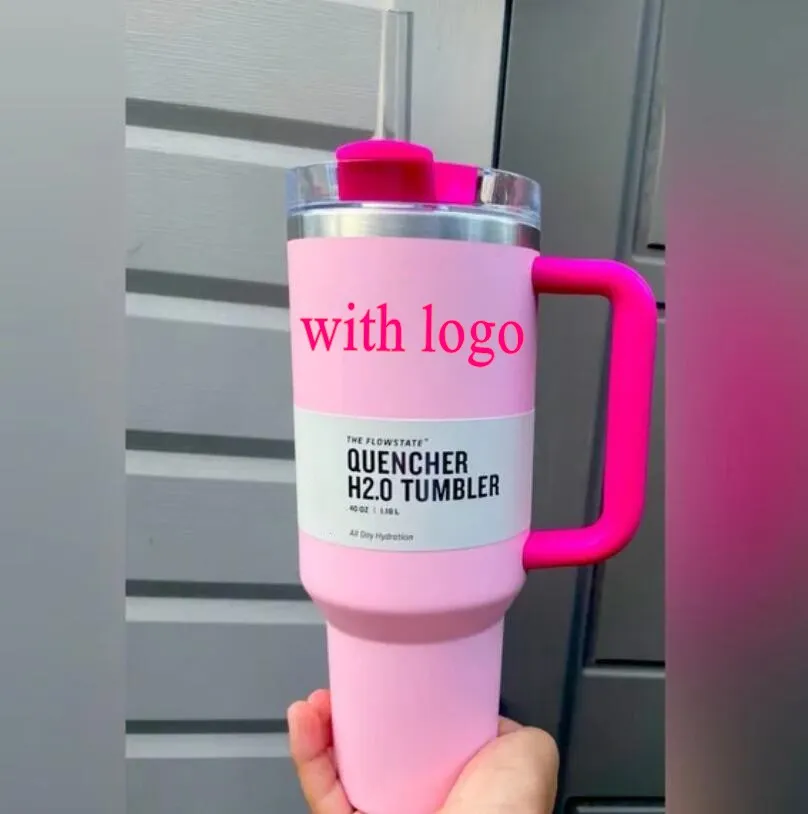 Pink Flamingo 40oz مروي H2.0 أكواب القهوة أكواب في الهواء الطلق في الهواء الطلق كوب سيارة كوب من الفولاذ المقاوم للصدأ مع مقبض السيليكون هدية عيد الحب 1: 1 نفسه