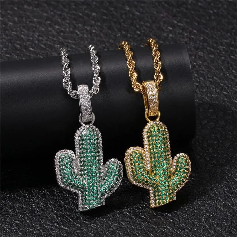 2019 Sommer grüne Kaktus Halskette Iced Out Kubikzircon Gold weiß plattiert Herren Hip Hop Schmuck Gift245L