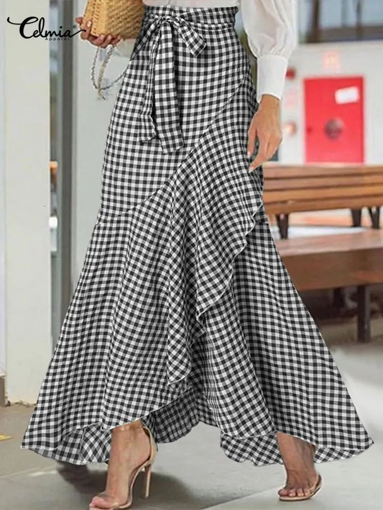 Röcke Celmia Damen Plaid Langer Rock Sommer Elegant Asymmetrisch Rüschen Hohe Taille Mujer Faldas Lässige Falte Meerjungfrau Jupe Longue 230417