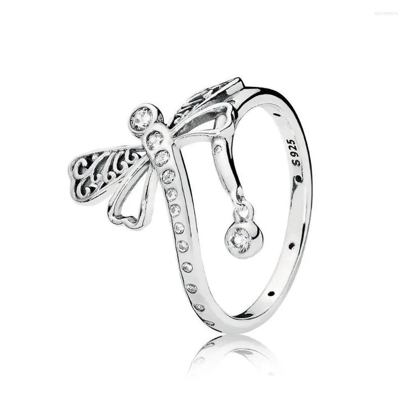 Rings de cluster autênticos 925 Sterling prata cintilante Ring Drogonfly Anel de moda para mulheres Presente Jóias DIY