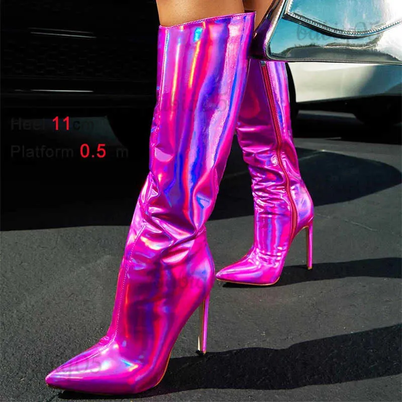 Boots Mid-Calf Women Boots Side Zip Color-Changing Thin High Heels Ladies Shoes Purple Laser Shining PU Pointed Toe Loose Short Boots T231117