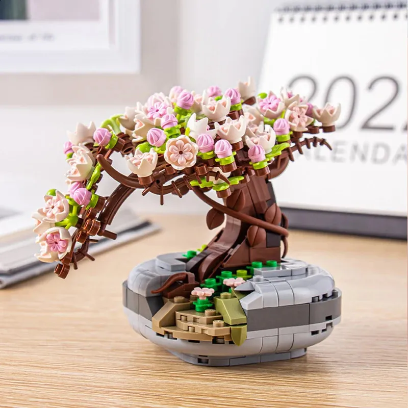 Outros brinquedos Mini Bonsai Bloco de construção Flor Planta criativa Flor de cerejeira Árvore em vaso Buquê DIY Ornamentos para casa Montagem Brinquedo amigo presente 231116