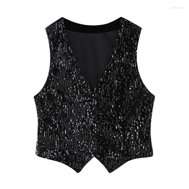 Gilets pour femmes #0738 noir paillettes gilet femmes col en v vêtements d'extérieur Streetwear Hip Hop manteau court Femme sans manches veste femme printemps