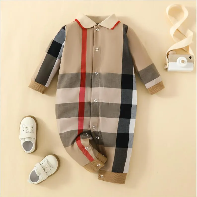 Printemps automne bébé marque barboteuses enfants à manches longues combinaisons à carreaux enfant en bas âge col rabattu Onesies nouveau-né barboteuse vêtements pour bébés