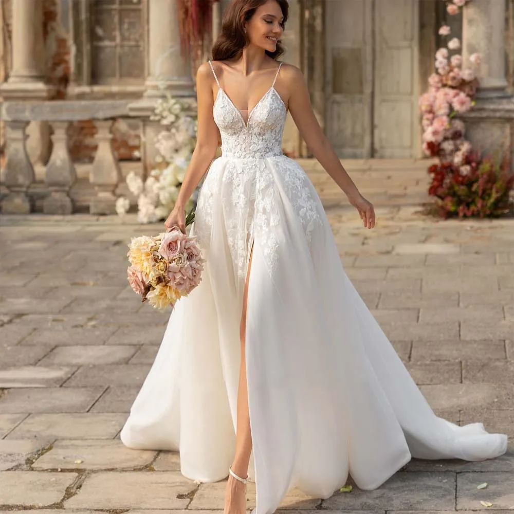 Ivory Spaghetti Strap A Line Dresses 2023 V Neck Lace Appliques Summer Bridal Gown Beach Boho Wedding Dress With Side Split 326 326