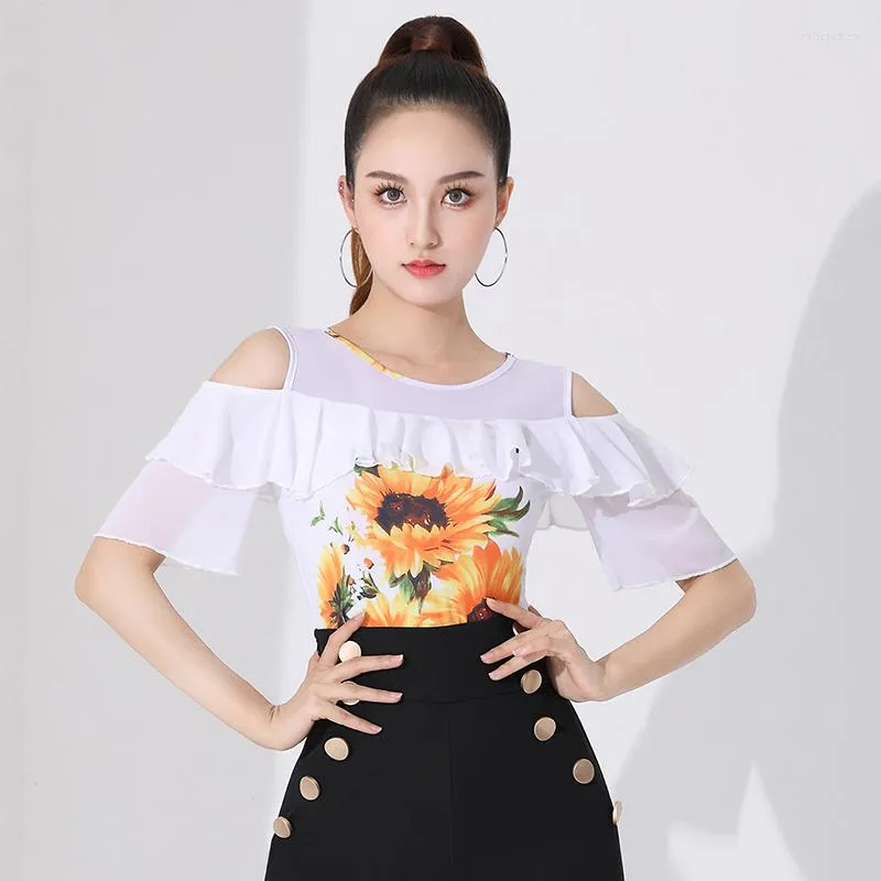 Stage Wear Women Latin Dance Tops Summer Off-Shoulder Sunflower Printing Ballroom Practice Tango Waltz Performance Costume 3932