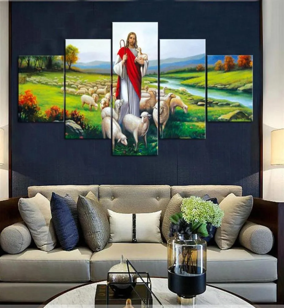 Jesus e o rebanho pinturas sem moldura 5 peças sem moldura impressa em tela artes modernas para casa arte de parede hd impressão pintura 221o1963647