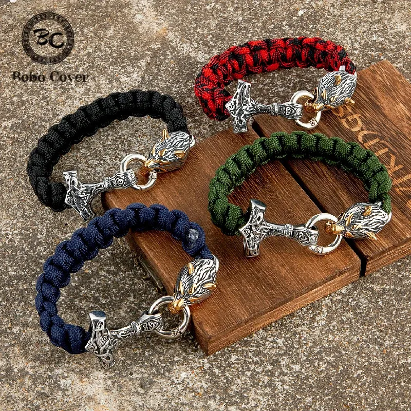 Cuff Viking Nórdico Celta Lobo Pulseiras Homens Paracord Corda Aço Inoxidável Martelo Sobrevivência Pulseira Escandinavo Amuleto Masculino Jóias 231116