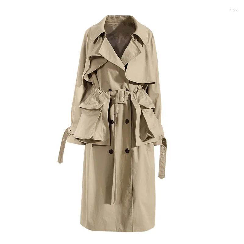 Damen Trenchcoats Damen Frühling Herbst Langer Mantel Khaki Abnehmbare Große Taschen Zweireiher Outwear