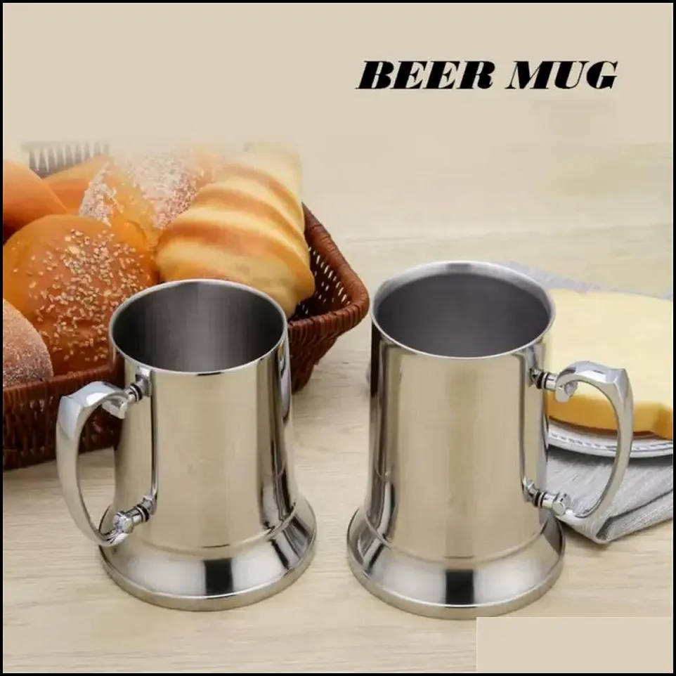 Mokken 16Oz Dubbelwandige Roestvrijstalen Tankard Biermok Cocktail Ontbijt Thee Melk Met Handgreep Koffiekopje Bar gereedschap Drinkware Tool Dhe9A