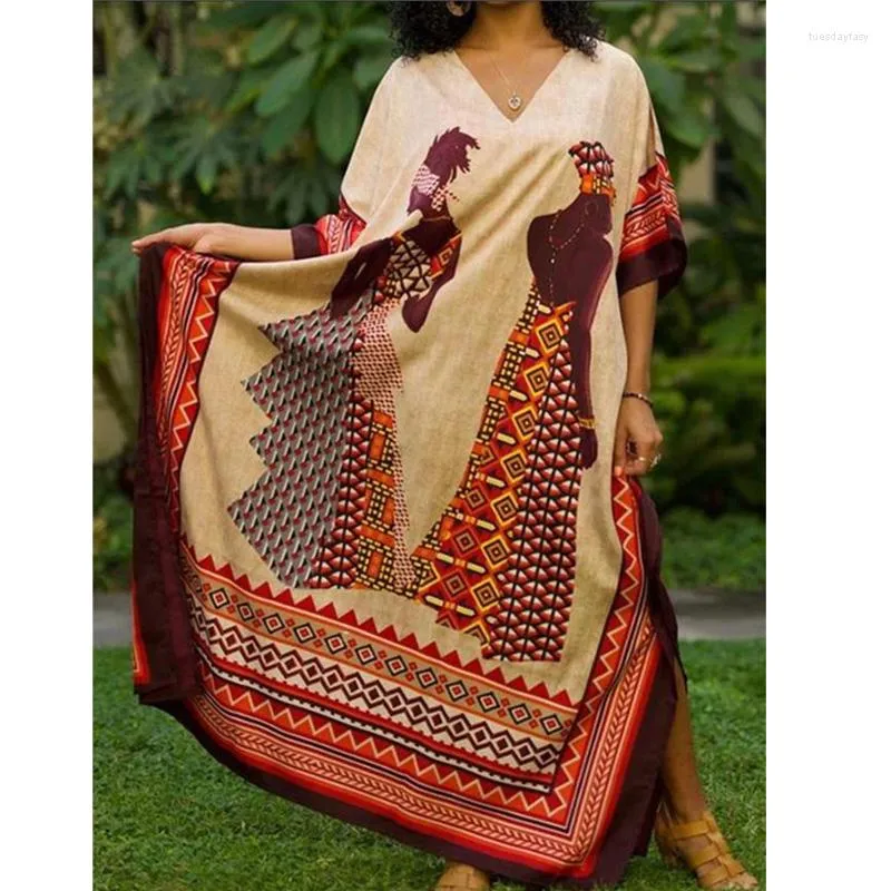민족 의류 여성을위한 아프리카 드레스 DASHIKI 3 쿼터 슬리브 V- 넥 맥시 드레스 레이디스 인쇄 느슨한 여름 캐주얼 이브닝 파티