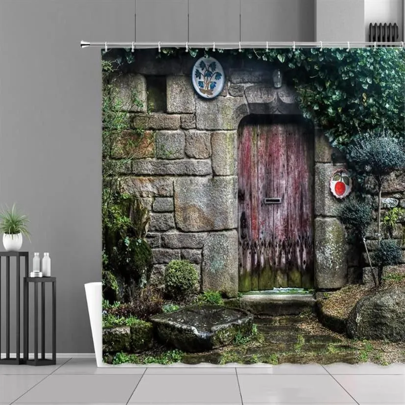 シャワーカーテンヨーロッパスタイルの庭の石の壁古いドア田舎のレトロな北欧の家の装飾壁布防水浴室カーテン267h