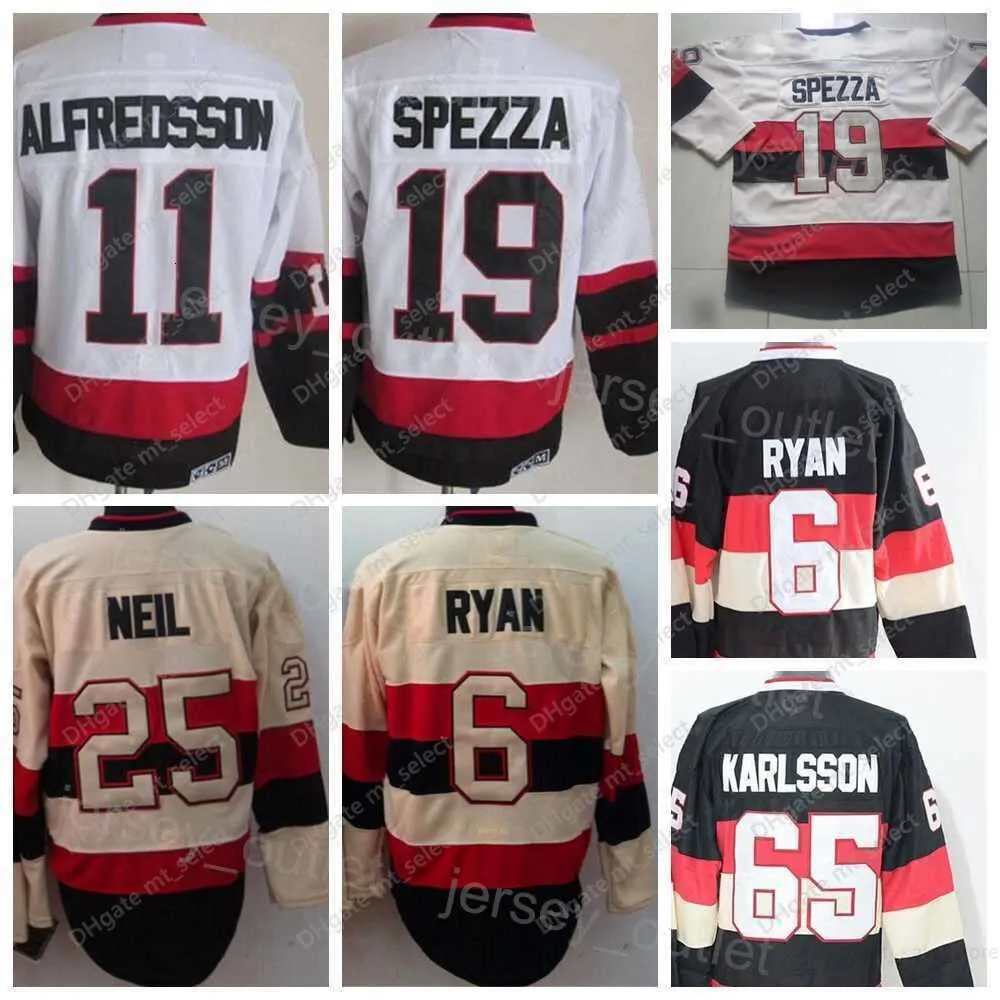 Män retro hockey''nhl '' 25 Chris Neil Jersey Vintage Classic 11 Daniel Alfredsson 6 Bobby Ryan 65 Erik Karlsson 19 Jason Spezza Black White Beige