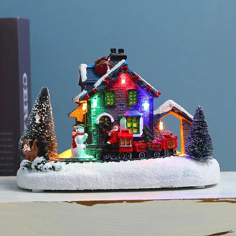 Christmas Decorations Christmas Small Train Village Snow House Luminous Resin Ornament Color LED Light Music Landscape Tabletop Decor Gifts 231117