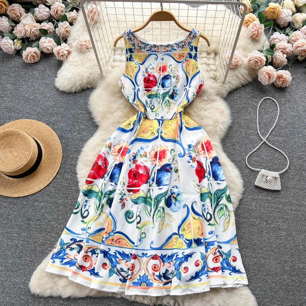 Franse stijl hangende nek mouwloze tanktop jurk zomer high -end ontwerp positionering printen high -end kleine jurk