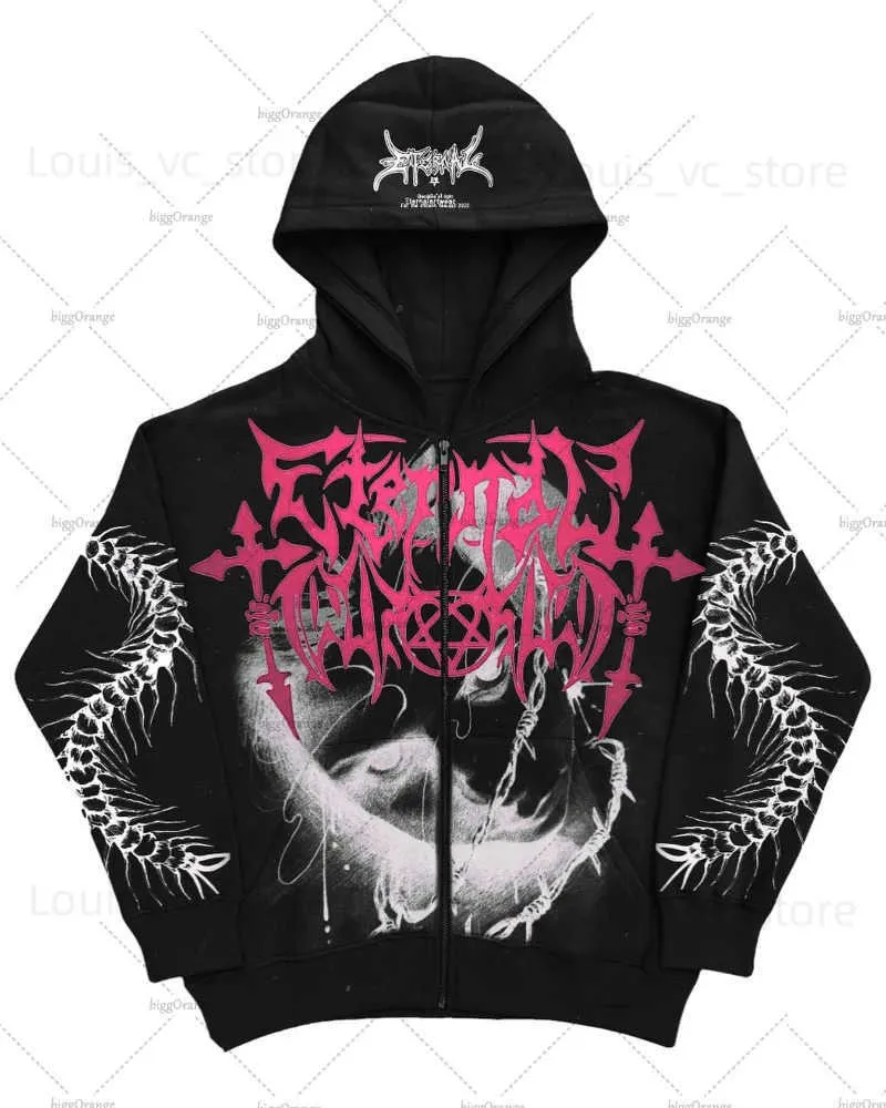 Herrtröjor tröjor amerikansk mörk stil high street kläder tryckt lösa dragkedja hoodie män y2k gothic punk rock casual överdimensionerade tröja kvinnor t231117