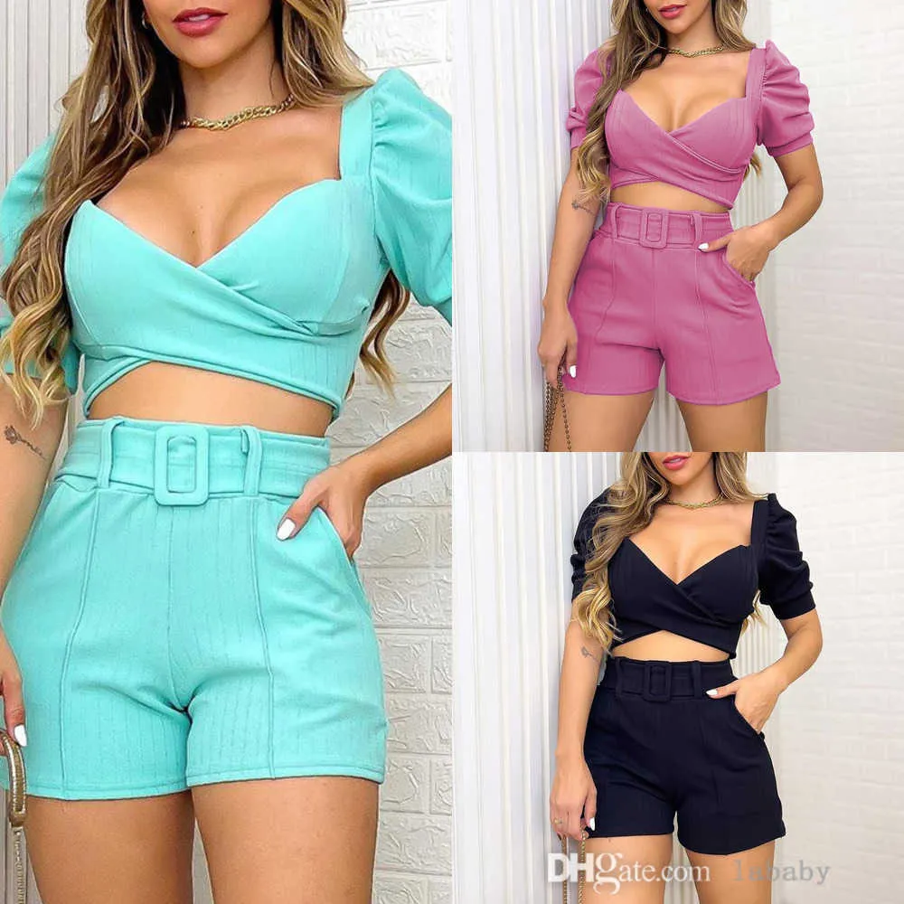 Summer Tracksuit Women Designer Clothing Puff Sleeve Deep V-Neck Short Top High-Waist Shorts Solid Color Two Piece Set Women With Belt