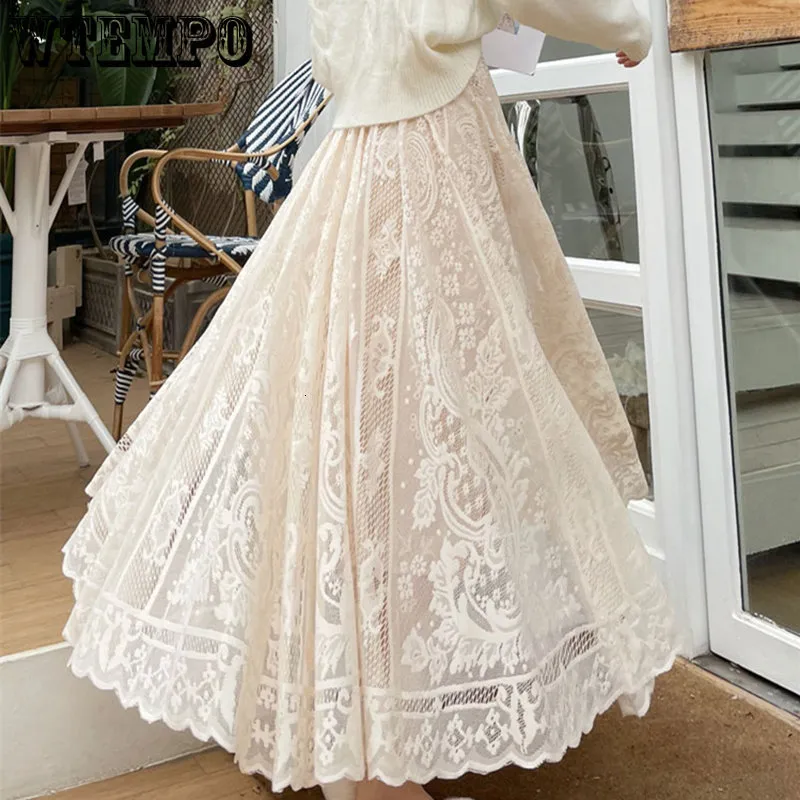 Saias wtempo longas saias maxi para mulheres primavera verão verão coreano Princesa fofa elástica elástica de cintura A-line Saias de renda floral casual 230417