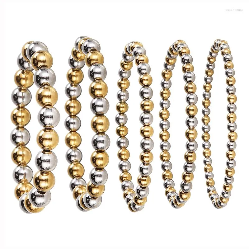 Bangle Metal Jewelry Gift Diameter 4 5 6 8 10mm Stainless Steel Beaded Two Tone Smooth Beads Neutral Charm Mixed Color Elastic Bracelet