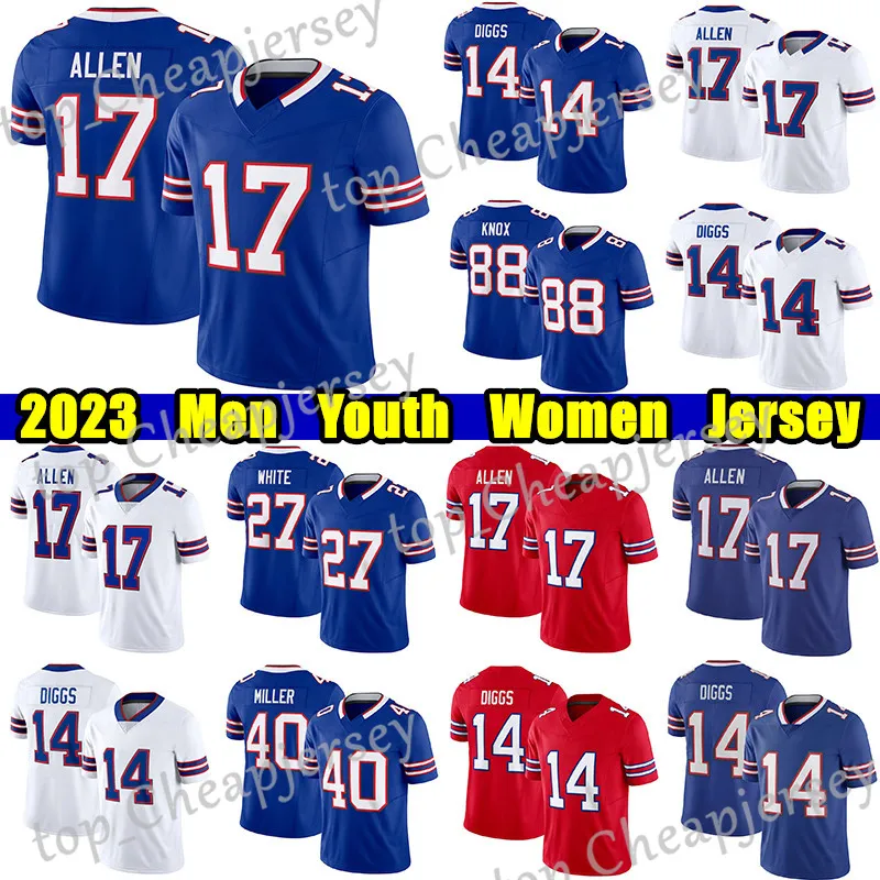 Maillot de football # 17 Josh Allen # 14 Stefon Diggs Dawson Knox Ed Oliver Tre'Davious White Von Miller Gabe Davis Matt Milano Dalton Kincaid Maillots Greg Rousseau