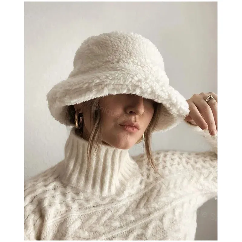 Wide Brim Hats Bucket Lamb Wool Hat Winter Women Thicken Warm Solid Color Basin Caps Korean Fashion Fisherman Unisex Outdoor Accessories 231117