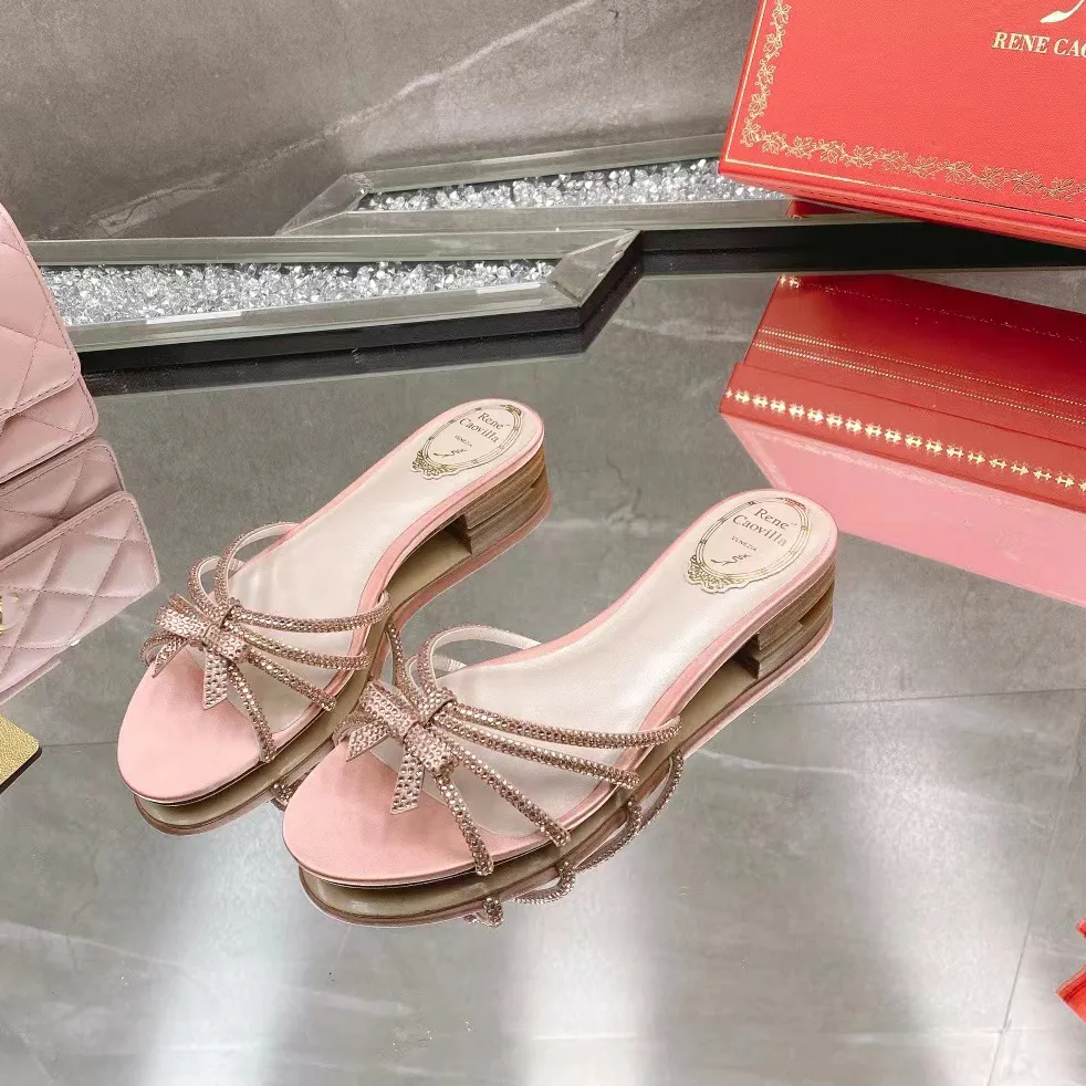 Women s Genuine Leather Rhinestone Bow Knot Flat Sandals Summer Beach Slippers Casual Outdoor Shoes