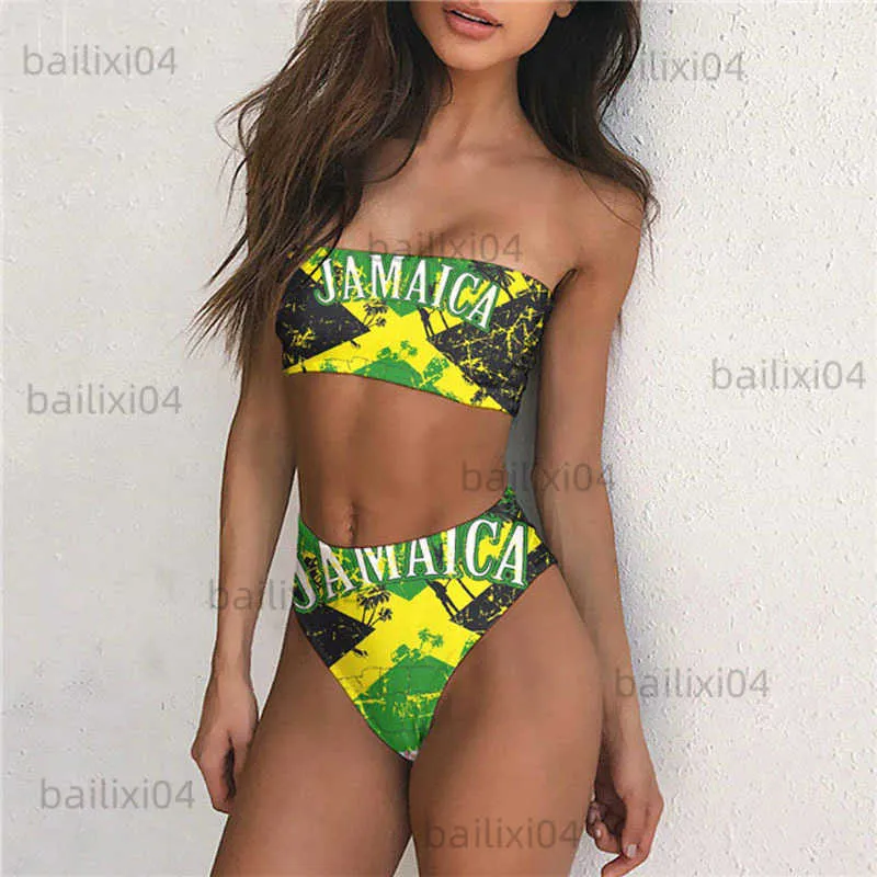 Women's Swimwear Jamaica Flag Print Plus Size Swimwear Women Swimsuit Beach Sexy Bikini Set Ladies Two Piece Bathing Suit Push Up Bandeau Biquini T230417