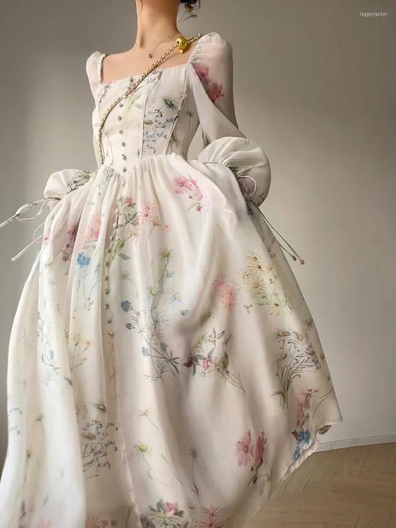 Robes décontractées élégant imprimé fleuri robe mi-longue femmes en mousseline de soie à manches longues épaules dénudées princesse Vintage Style français Fairycore doux