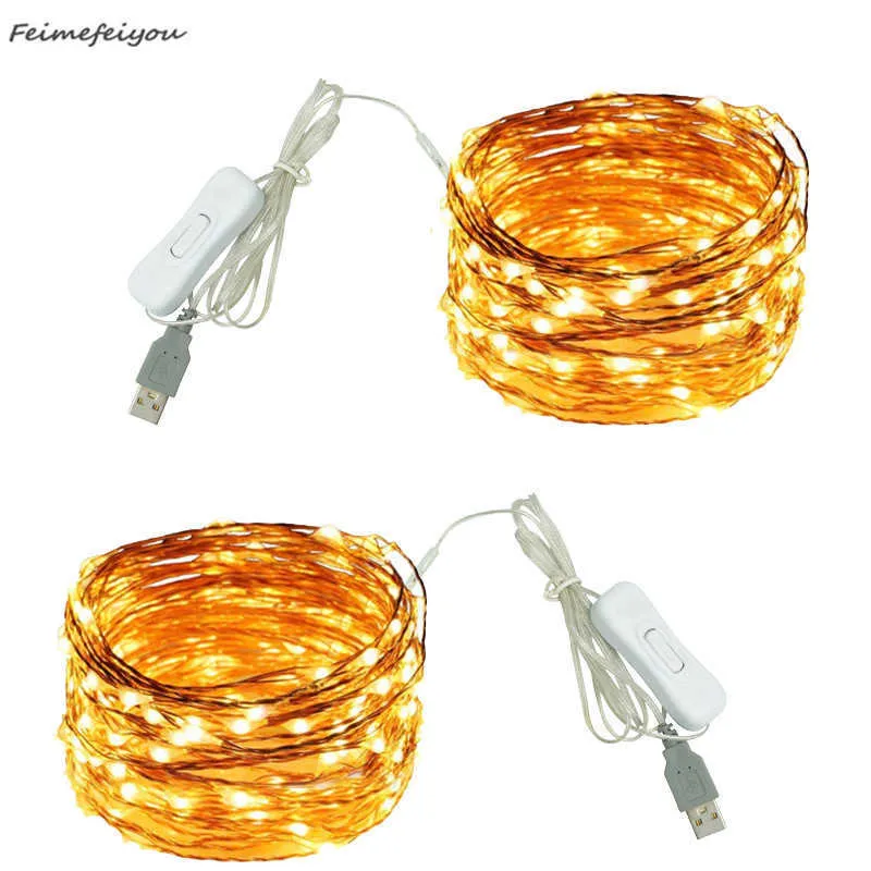 LED Strings 5 / 10m filo d'argento LED stringa di luce USB con interruttore vacanza fata festa di nozze luci camera da letto decorazione del giardino luce della stringa P230414