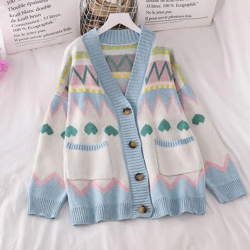 Women's Knits Retro Printed Cardigan Lazy Sweater Women Loose Outer Wear V-neck Temperament Versatile Long-sleeved Knitted Trendy Jacket